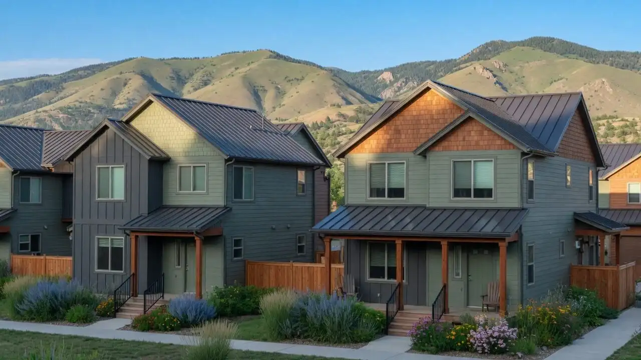 Garden townhomes in Fort Collins with private entries, charcoal and sage siding, cedar accents and foothills behind
