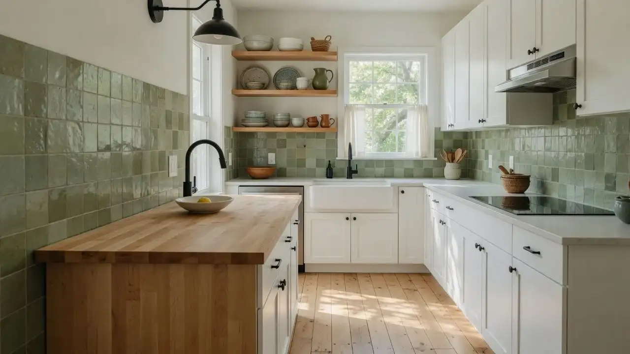 Kitchen with white shaker cabinets, a butcher-block island, sage tile backsplash and matte black fixtures