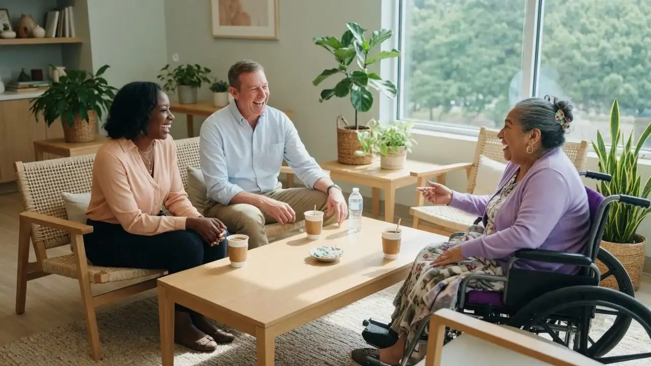 Two leasing staff chatting with a smiling older resident who uses a wheelchair in a bright leasing lounge