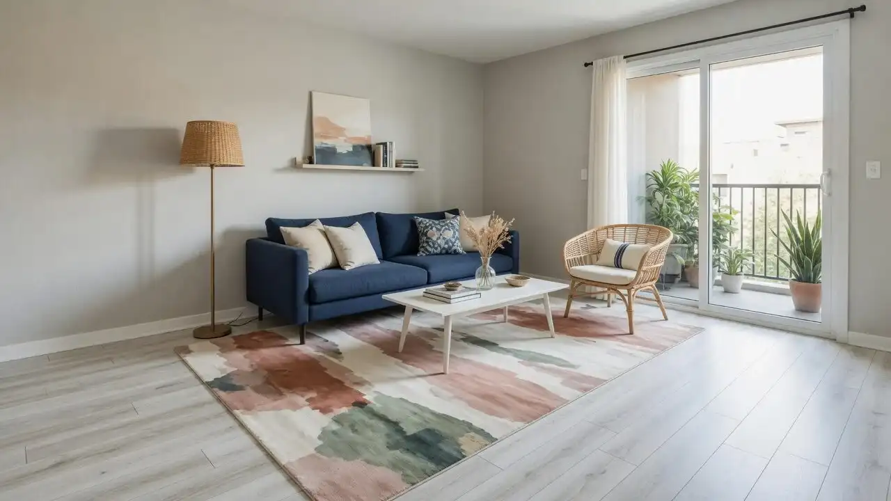 Living room with greige walls, a navy sofa, a rattan chair and light plank floors opening to a balcony