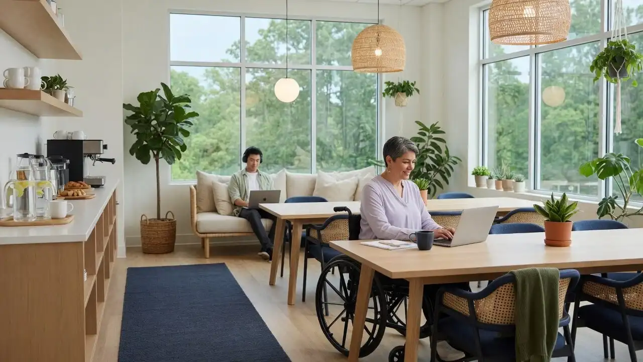Clubhouse coworking lounge with long oak tables where a woman using a wheelchair and a young man work on laptops