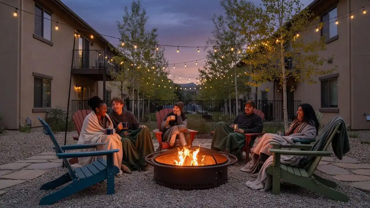 Twilight fire-pit terrace with Adirondack chairs where roommates sit with blankets and mugs
