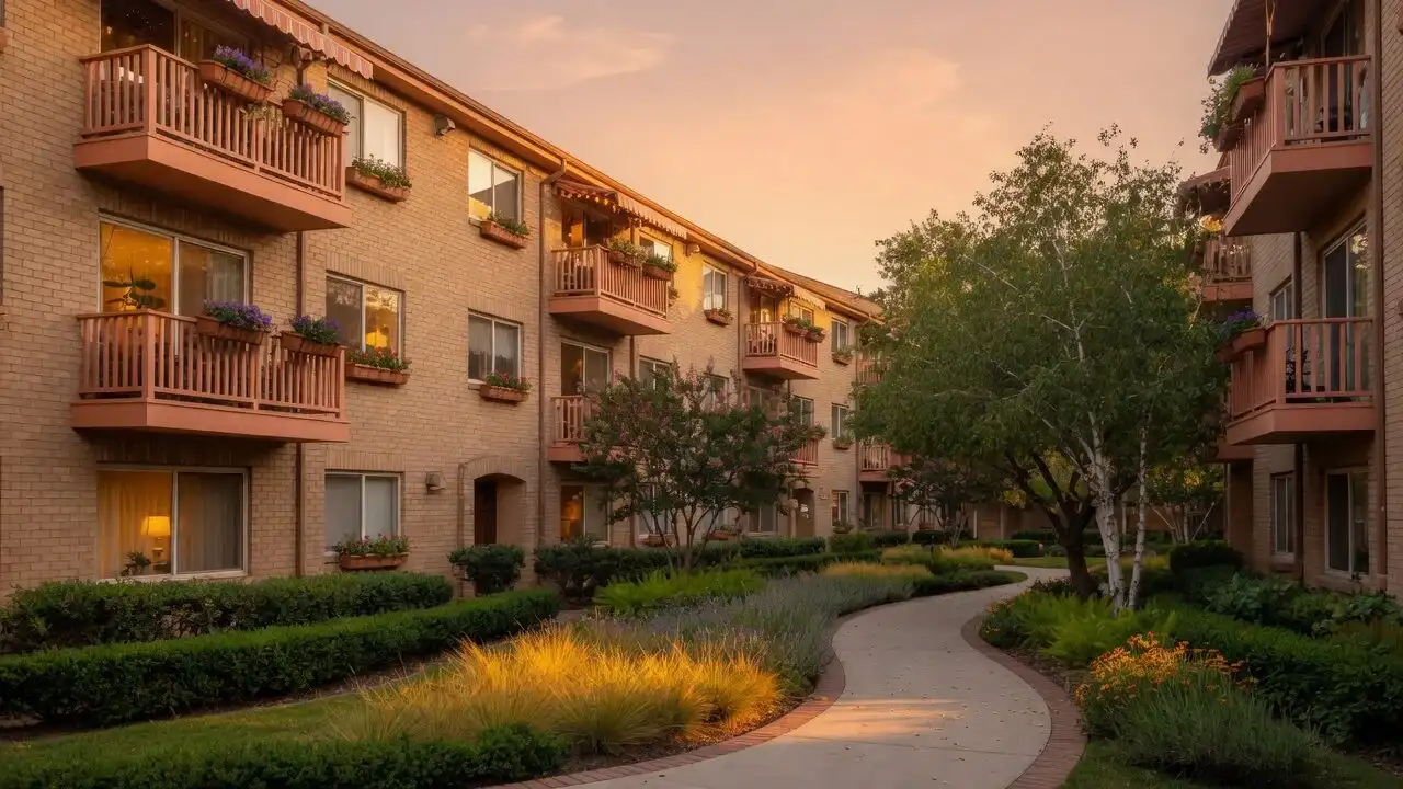 Low-rise apartment community exterior at golden hour with tan brick, timber balconies and a curving landscaped walkway