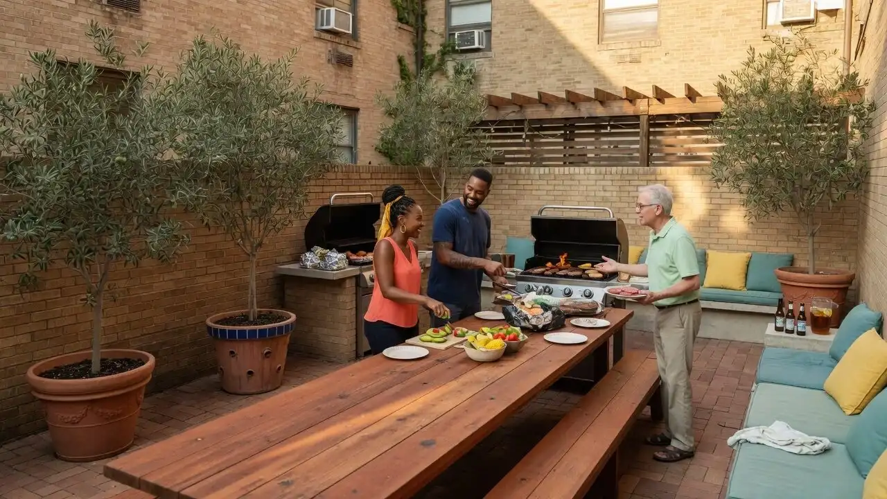 Shaded courtyard with built-in grills and a long communal cedar table where residents prepare a meal together