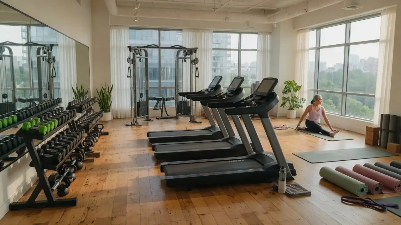 Bright fitness studio with treadmills, cable machines and a yoga corner where a woman stretches