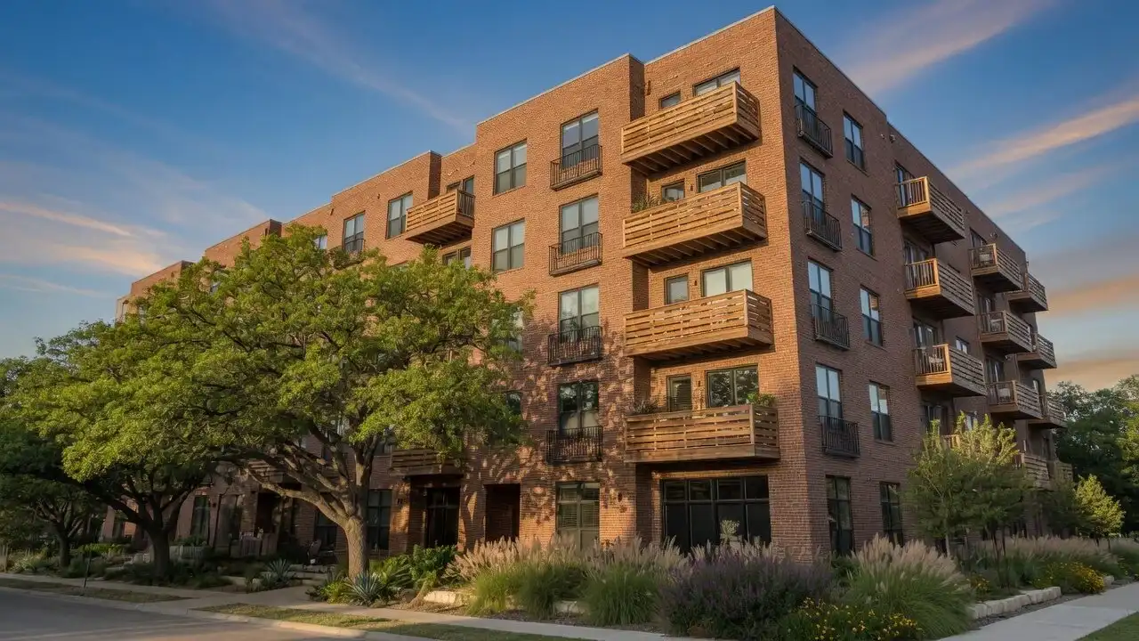 Six-story warm brick and timber apartment building in Austin with live oaks in late afternoon light