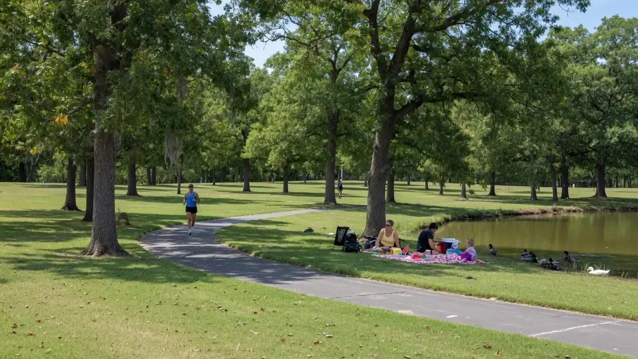 A neighborhood park in Dallas with a wide lawn, pecan trees, a small pond and people picnicking