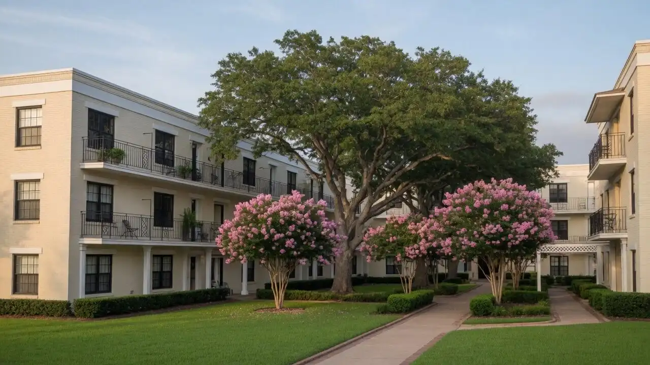 Three-story garden-style buildings in Dallas with cream brick and a tree-lined courtyard in morning light