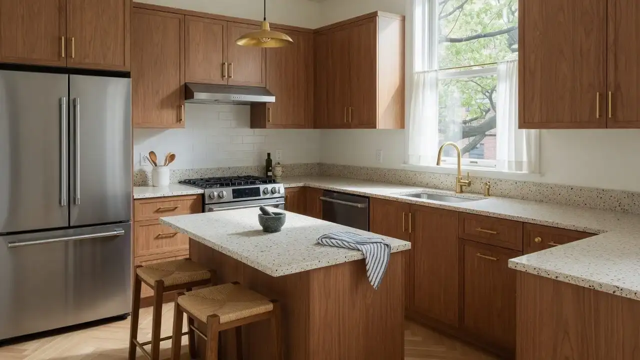 Kitchen with warm wood cabinets, cream terrazzo-look counters, brass hardware and a small island with stools