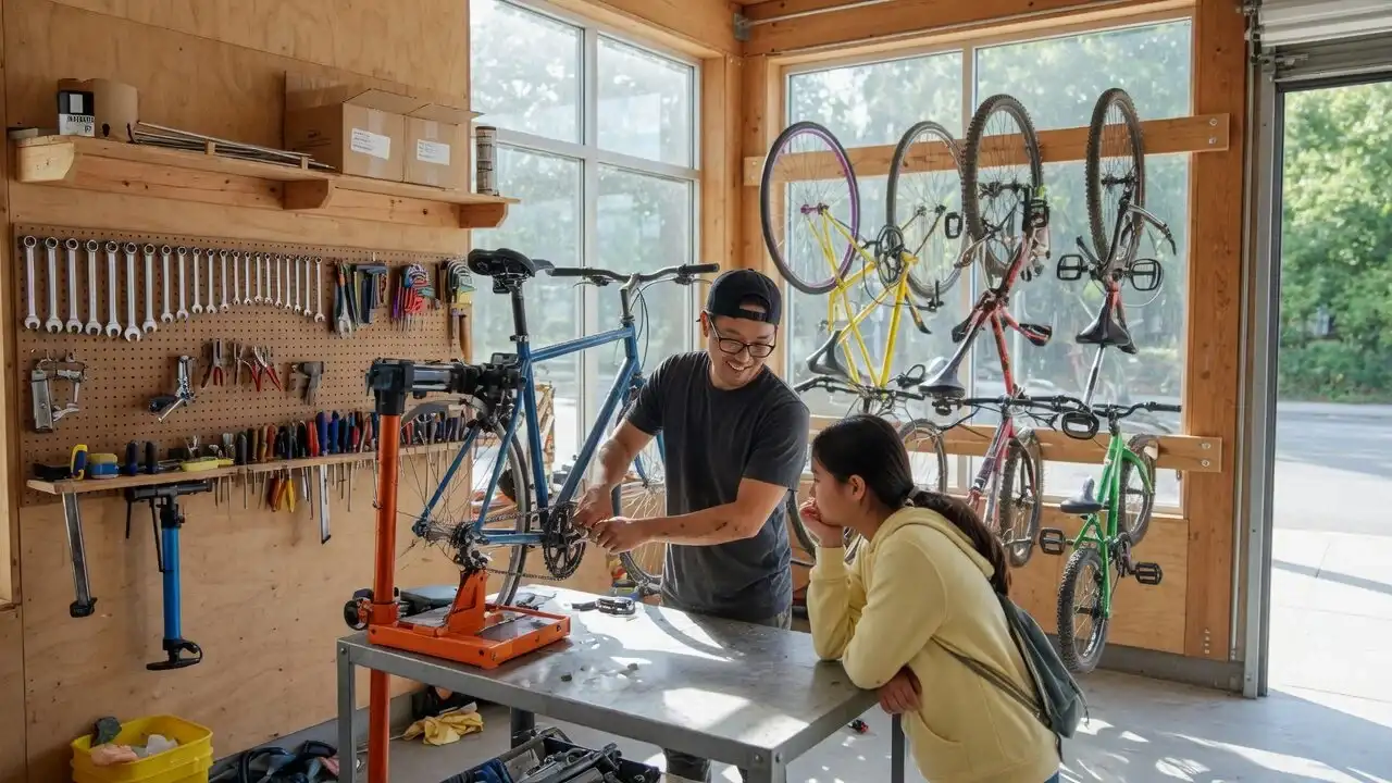 Community bike workshop with a repair stand, pegboard of tools and a resident helping a teenager with a bike