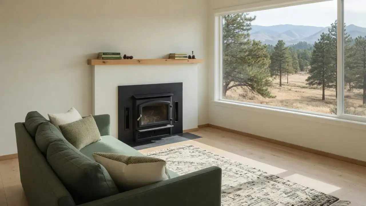 Townhome living room with light oak floors, a sage-green sofa, a black stove-style fireplace and a foothills window