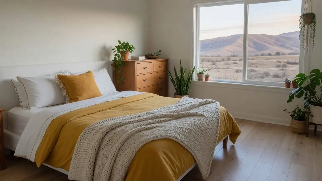 Bedroom with light oak floors, white and mustard linens, a wooden dresser and a foothills view