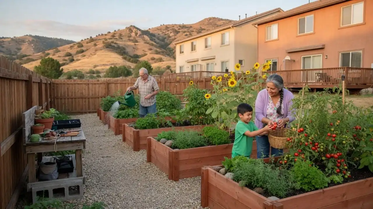 Community garden with raised cedar beds where a grandmother and grandson harvest tomatoes and a neighbor waters plants