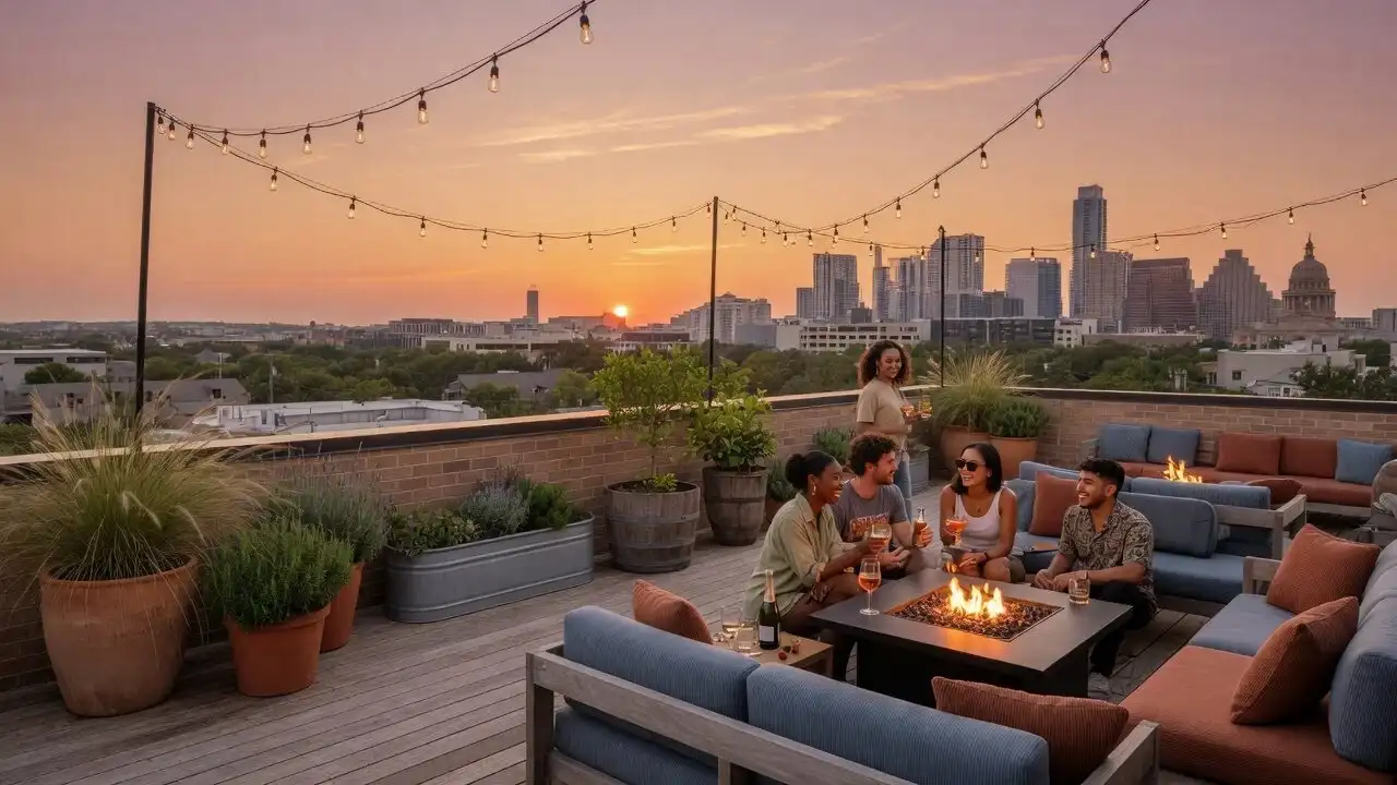 Rooftop lounge at sunset with a cedar deck, deep sofas, string lights and friends gathered with a skyline view