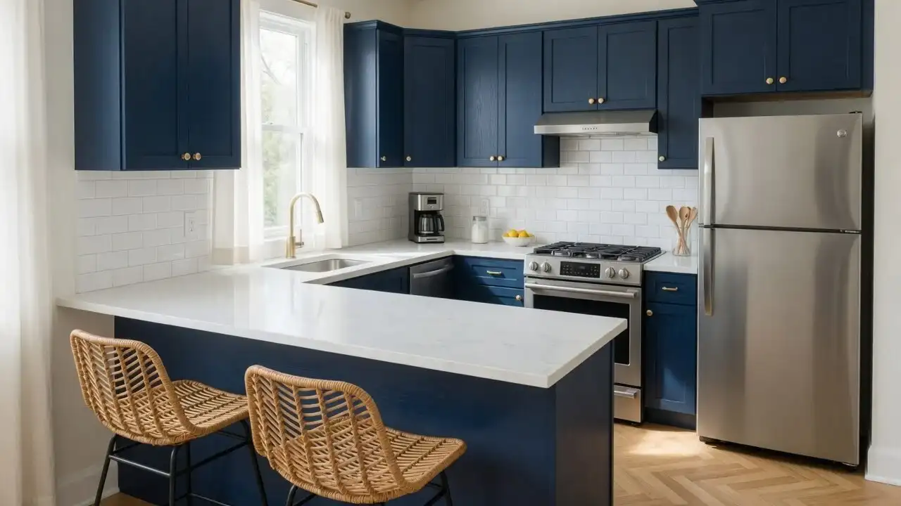 Kitchen with navy shaker cabinets, white quartz counters, gold hardware and a breakfast bar
