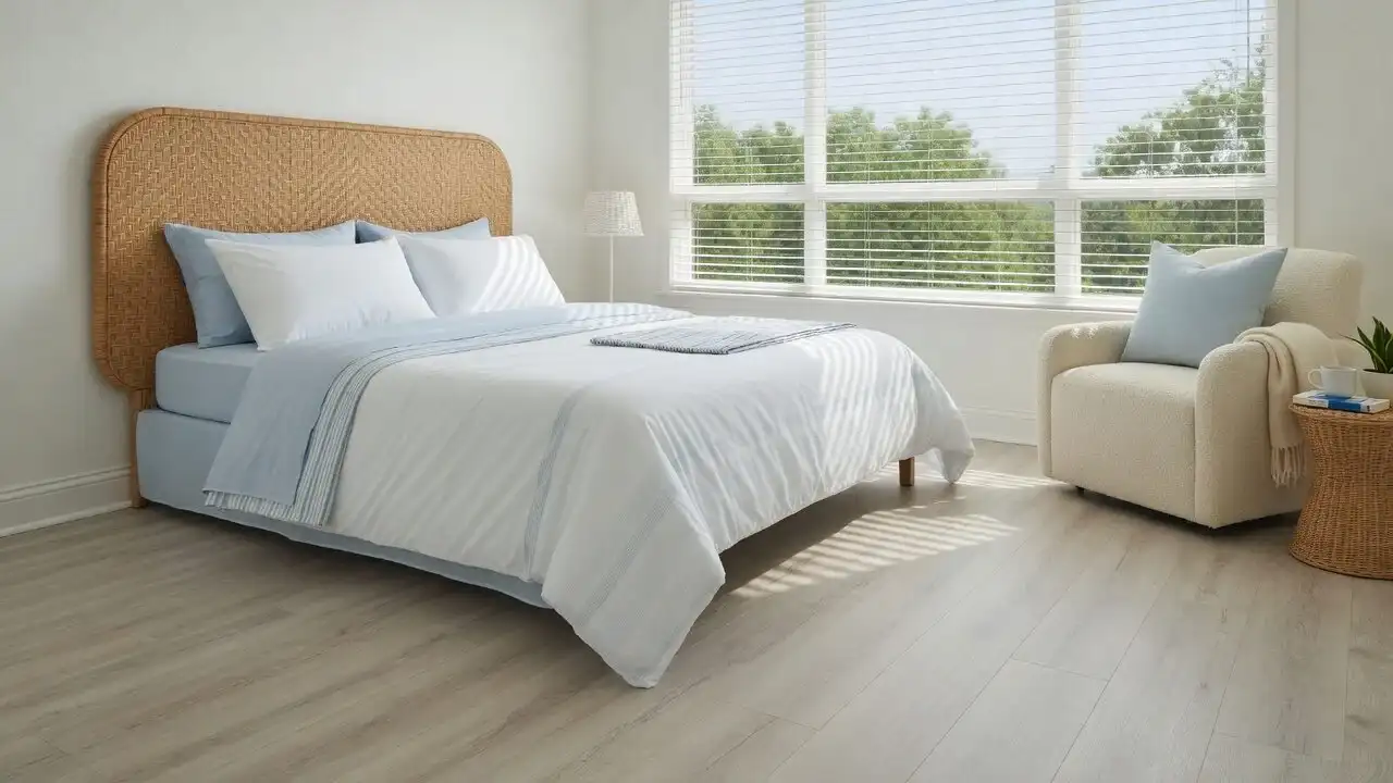Bedroom with light plank floors, white and soft blue bedding, a rattan headboard and a treetop window
